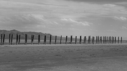 Pier remnants on a dry lakebed.