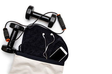 Black and white gym bag and weights