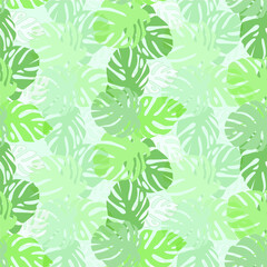 Monstera leaves seamless pattern. Jungle botany green on light blue background for web, for print, for wallpaper