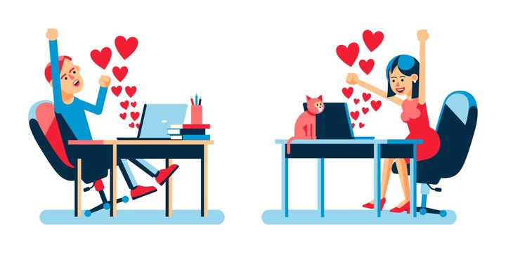 Valentine day online. Online lovers with hearts signs in laptop. Man and woman communicate about love on the Internet. Vector cartoon illustration.