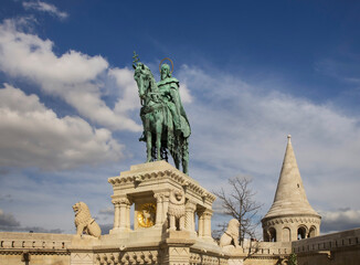 Fototapeta na wymiar King Saint Stephen I at Halaszbastya - Fisherman's bastion in Budapest. Hungary