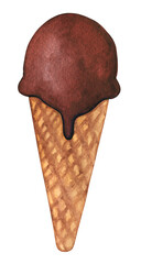 Chocolate ice cream with crispy waffle cone. Watercolor food illustration isolated on white. Design for fabric, wallpaper, menu, packaging, print, wrapping, baby room.
