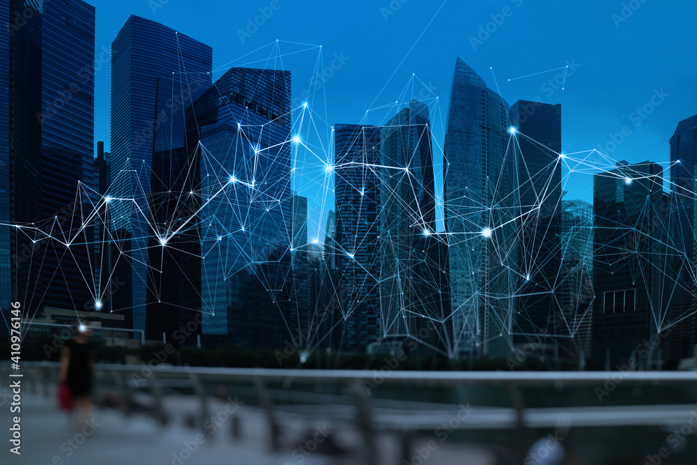 Aufkleber Wireless network and Connection technology concept with Abstract Singapore city background