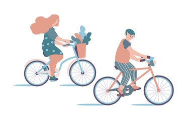 Women and men riding bicycles Vector flat illustration