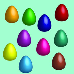Set of Easter eggs 3d in shiny bright colors, vector drawing for design of a postcard for a spring holiday. A fun weekend with colorful patterns, April or May is a celebration.