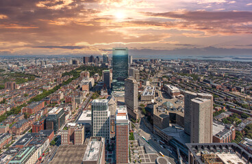 Panoramic aerial view of Boston financial district, historic center, Beacon Hill and Charles River.