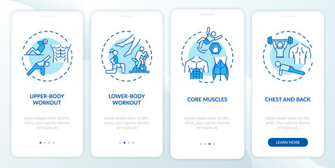 Fototapeta premium Physical training types onboarding mobile app page screen with concepts. Upper-body, lower-body workout walkthrough 4 steps graphic instructions. UI vector template with RGB color illustrations