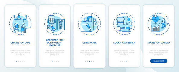 Gym exercising alternatives onboarding mobile app page screen with concepts. Dips, stairs for cardio walkthrough 5 steps graphic instructions. UI vector template with RGB color illustrations