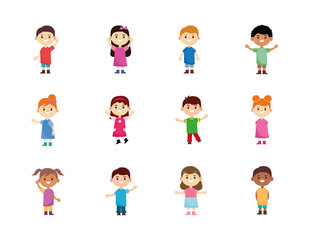 group of twelve happy interracial little children characters vector illustration design