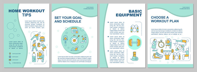 Home workout tips brochure template. Basic equipment. Flyer, booklet, leaflet print, cover design with linear icons. Vector layouts for magazines, annual reports, advertising posters