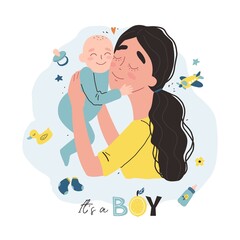 Young mother holding her little baby. Vector illustration with cute characters. It is a boy design concept.