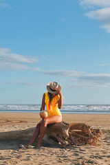 Gorgeous young hispanic woman in yellow swimsuit and hat sitting on a log on the beach with the sea in the background