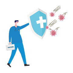 doctor lifting shield with covid19 virus particles vector illustration design