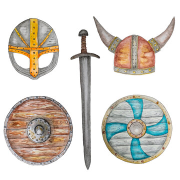 Watercolor illustration with helmets, shields and sword.