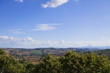 Fototapeta na wymiar Panoramic view of the Marche hills behind green plants (Corinaldo, Marche, Italy)