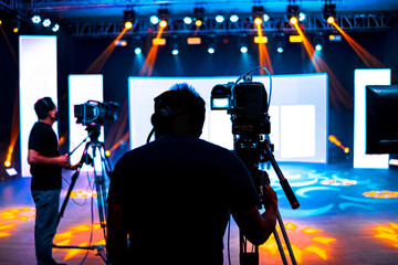 Professional cameraman - covering on event with a video, cameraman silhouette on live studio news,...
