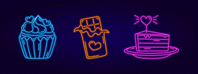 3d neon signboard. Neon design elements for pastry shop Cupcake with cream, Chocolate and Cake with Candle. Modern trend style. Bright signboard, night advertising.
