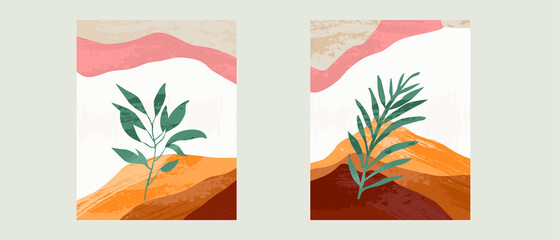 Set of 3 Illustration vector EPS 10 hand drawn print. Painted abstract geometric shapes. Contemporary aesthetic boho mid century modern Scandinavian nordic art design style with botanical garden plant
