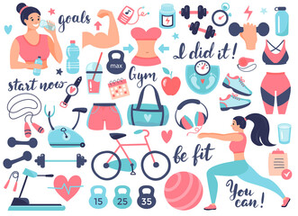 Fitness and Athletics accessories: dumbbells, sneakers, and other sports equipment. Design elements perfect for poster, invitation, sticker kit. Vector illustration