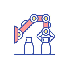 Robotic technology for dairy industry RGB color icon. Milk drink bottles distribution. Automated machinery. Factory production. Agribusiness equipment. Isolated vector illustration