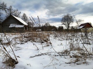 Rural landscape in winter in Russia frosty day