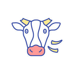 Cow RGB color icon. Domesticated animal. Farm cattle, ranch livestock. Herbivore, mammal animal. Dairy industry. Cheese production. Face of bison. Head of bull. Isolated vector illustration