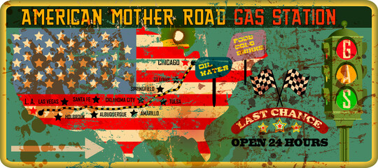 Vintage grungy american mother road gas station sign, retro distressed and weathered vector illustration