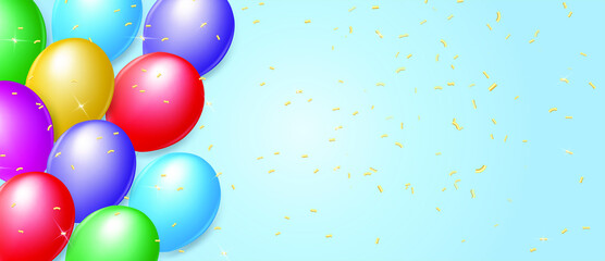 Colorful balloons fly with helium. Background with festive realistic 3d balloons with ribbon and gold glitter confetti. Birthday template. Vector illustration