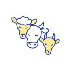 Livestock animals RGB color icon. Farm cattle care. Head of cow, lamb and sheep. Domesticated animals for ranch, farmland. Dairy industry. Agriculture production. Isolated vector illustration