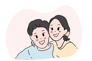 Happy, Love, Joyful, relationship, couple concept. Hand-drawn illustration of young man and woman smiling happily embracing