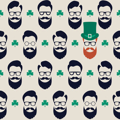 Seamless vector pattern with faces in hats. St. Patrick's Day texture print.