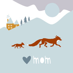 Fox with cubs Mother's Day card stock illustration. Abstract, Animal, Animal Wildlife, Animals In The Wild, Art