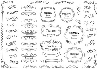 Calligraphic design elements . Decorative swirls or scrolls, vintage frames , flourishes, labels and dividers. Retro vector illustration