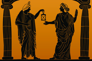 Fototapeta premium Two ancient greek young women with a laurel wreath on his head in a tunic and cape stands between two columns and holds a lantern in his hand.
