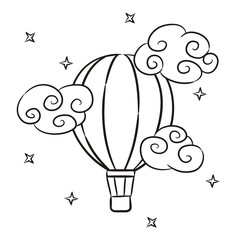 A hand-drawn air balloon with curly clouds and stars. Outline vector illustration for childrens design.