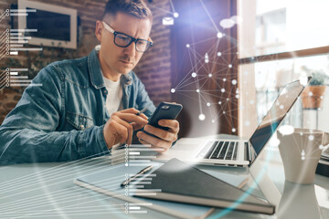 Male hands with laptop. Man working remotely at home. Concept of networking or remote work. Global business network.