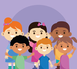 group of six interracial little children characters vector illustration design