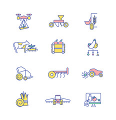 Agriculture technology RGB color icons set. Farming equipment. Machinery for planting seeds. Cultivating crops. Grow harvest. Feeding livestock. Irrigating farmland. Isolated vector illustrations