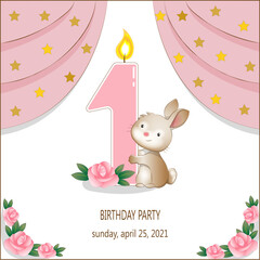 Birthday party invitation with baby rabbyt