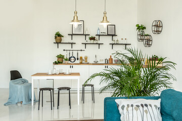 spacious studio apartment decorated with wood and white. Minimalist design with huge windows in the sunlight. kitchen area and living area