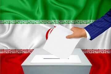 Elections in the country - voting at the ballot box. A man's hand puts his vote into the ballot box. Flag Iran on background.