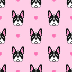 Pattern with cute dogs and pink hearts