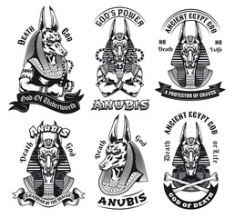 Anubis tattoo templates set. Monochrome design elements with ancient Egyptian god of death, man with dog head, text on ribbon. Mythology concept for emblems and symbols design - obrazy, fototapety, plakaty