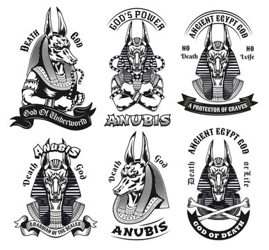 Anubis tattoo templates set. Monochrome design elements with ancient Egyptian god of death, man with dog head, text on ribbon. Mythology concept for emblems and symbols design