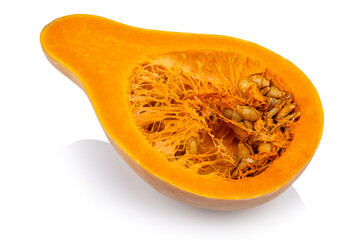 sliced pumpkin with pumpkin seeds isolated on white background