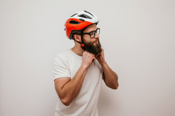 Portrait of handsome guy in the bike helmet