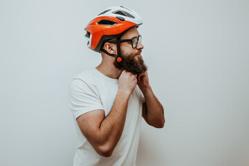 Portrait of handsome guy in the bike helmet