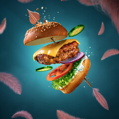 Delicious burger with flying ingredients and sauce. Valentine's day poster. Cupid's arrow pierces the burger. For the love of food. Blue background with flying feathers