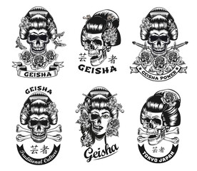 Geisha tattoo templates set. Monochrome design elements with skulls, traditional Japanese hairdo, hair decor and text. Horror concept for emblems and symbols design