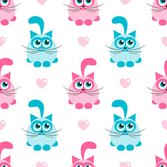 Seamless pattern with pink and blue cats